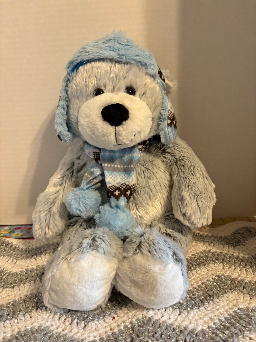 Plush Gray Bear with Light Blue Hat & Scarf - Soft Home Accent